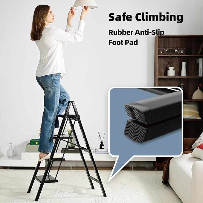 HillhutApex 4 Step Ladder, Lightweight Foldable 4 Step Stool with Anti-Slip Wide Pedal, 330lbs Capacity Aluminum Ladder for Household,Office,Garage(Black)