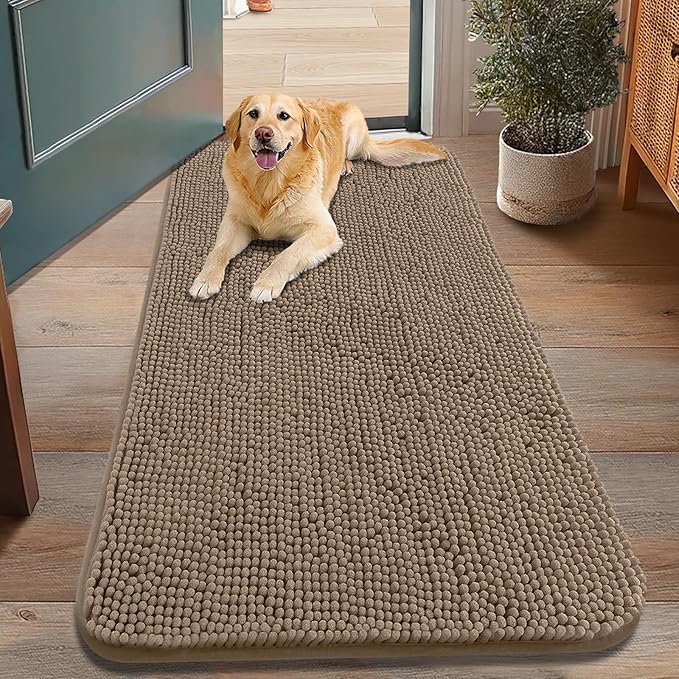 Smiry Dog Door Mat for Muddy Paws 48x30, Absorbent Dirt Trapper, Non-Slip Washable Chenille Entryway Rug for Inside Floor, Camel, Classic Solid