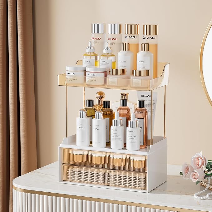 Delamu Bathroom Organizers and Storage, 2 Tier 2 Drawer Makeup Organizer Countertop, Easy to Install, Ideal for Bathroom Counter, Vanity, Ideal Gifts for Women Girls, Amber
