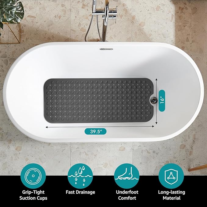 WarmSnow（TPE） Long Bathtub Mat Non Slip 39.5 x 16 Inch, Inside Shower Mats with Suction Cups & Drain Holes, Soft TPE Bath Mat for Tub, Quick-Drain Bathroom Floor Mats, Dark Gray