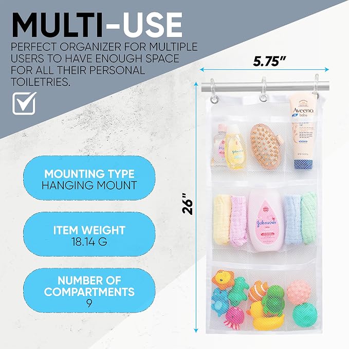 Handy Laundry Shower Curtain Bathroom Organizer -9 Pockets- Perfect for Organizing Home Bath, Your Toiletries and kid's Toys in Nine Durable Deep Mesh Pockets. Hang on Existing Shower Curtain Rings.