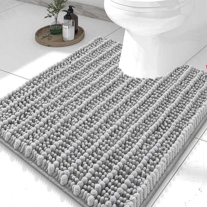 Smiry Bathroom Toilet Rugs U Shaped 24x20, Extra Soft Absorbent Non Slip Rubber Backing Chenille Contour Bath Rugs for Toilet, Machine Washable Contoured Bath Mats, Light Grey