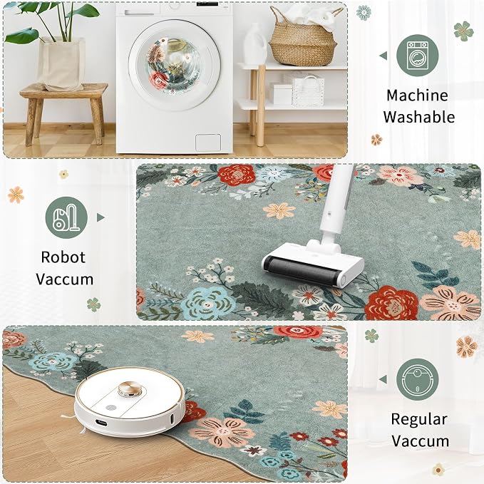 Runners for Hallways, 3x6 Runner Rug Non Slip with Soft Low Pile, Boho Floral Runner for Kitchen, Living Room, Entryway, Bedroom, Bathroom, Kid & Pet Friendly, Green