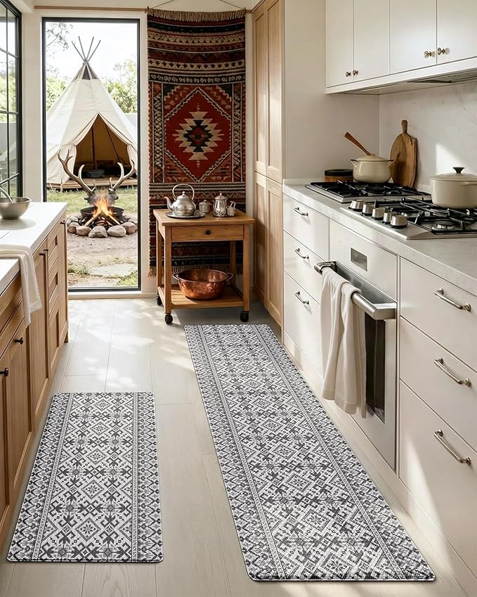 LUMI Anti-Fatigue Kitchen Floor Mats Set of 2,Cushioned Comfort Standing Rug Waterproof 2PCS, Non-Slip Ergonomic Foam Runner for Sink, Laundry, Office & Home,17x29+17x59,