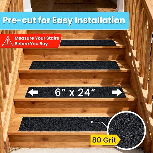 LifeGrip Anti Slip Traction Treads (15-Pack), 6 inch X 24 inch, Best Grip Tape Grit Non Slip, Outdoor Non Skid Tape, High Traction Abrasive Adhesive for Stairs Step, Black