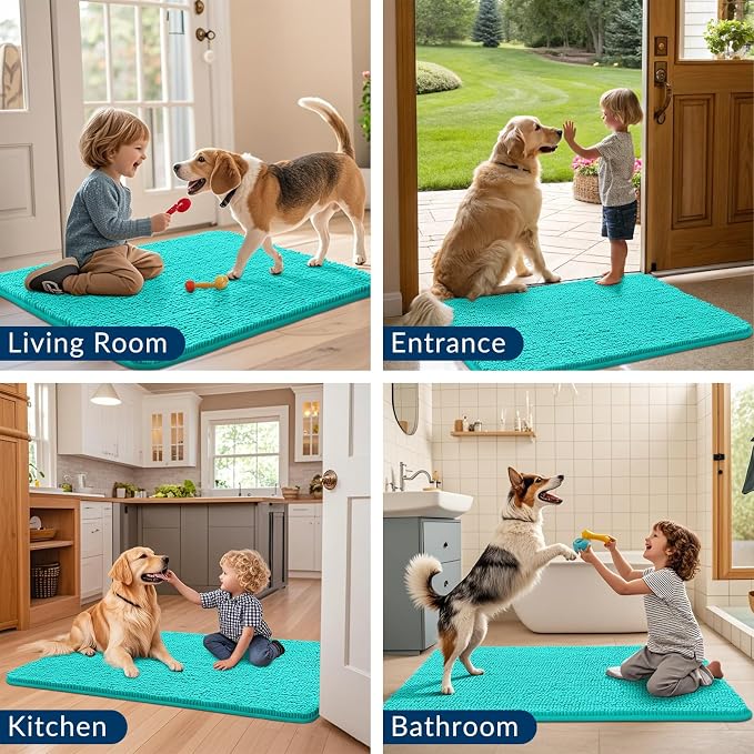 Smiry Dog Door Mat for Muddy Paws 59x32, Absorbent Dirt Trapper, Non-Slip Washable Chenille Entryway Rug for Inside Floor, Teal, Classic Solid