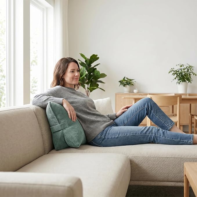 Pat. Pend. Corduroy Lumbar Support Pillow for Sitting and Posture Support, Triangle Cushion for Bed, Sofa or Couch, Reading Back Pillow with Removable Washable Cover, Peacock Blue