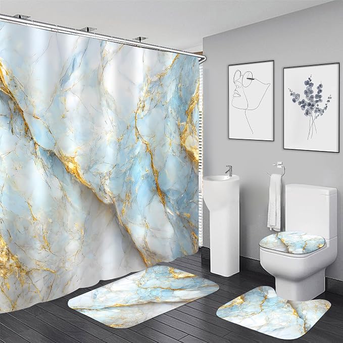 Nkzply 4 Pcs Blue Marble Shower Curtain Set White Bathroom Sets with Shower Curtain and Rugs Gold Modern Abstract Bathroom Decor Accessories Bathroom Rugs Toilet Lid Cover with Hooks