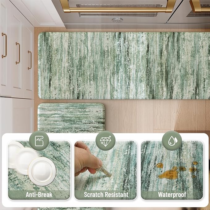 KIMODE Kitchen Mats Cushioned Anti Fatigue, Abstract Kitchen Rugs Sets of 2, Non Slip Kitchen Mats for Floor, Padded Kitchen Floor Mats for Sink Laundry Office Desk Green Multi 17"x47"+17"x29"