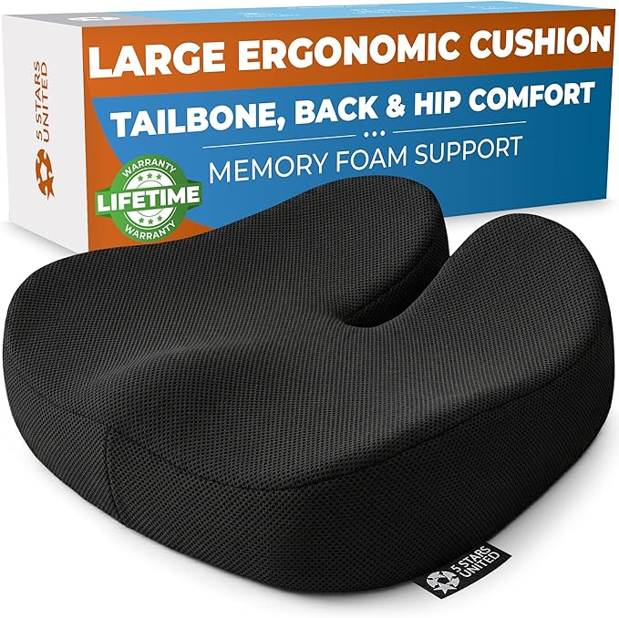 5 STARS UNITED Seat Cushion - Memory Foam Chair Cushion for Tailbone Pain Relief - Ergonomic Support for Coccyx, Sciatica & Butt - Office, Desk & Gaming Chair, Car Seat, Wheelchair, Black Mesh