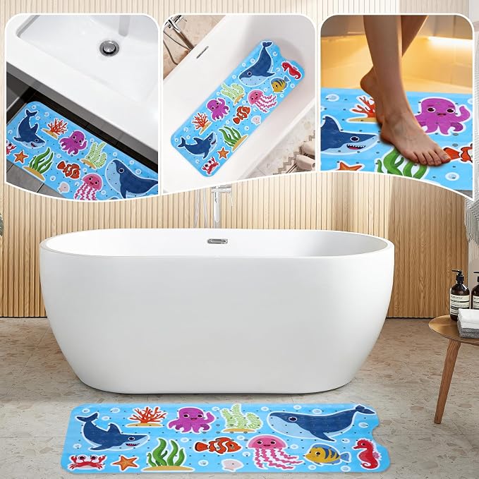 Baby Bath Mat for Tub Non Slip Kids Bathtub Mat Extra Long 40X16 Inch Toddler Bath Tub Shower Mat Anti Slip with Suction Cups & Drain Holes, Machine Washable (Whale Shark)