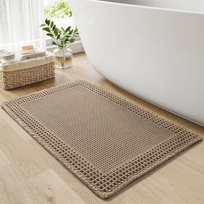 RESARE Waffle Bath Mat for Bathroom, Super Absorbent Bathroom Rugs Non Slip Machine Washable, Ultra Soft Quick Dry Boho Bath Rugs with Tassels, Farmhouse Home Decor Accessories, 18"x30" Brown