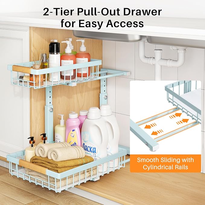 PXRACK Under Sink Organizer, Adjustable Height, 2 Tier Pull Out Under Cabinet Organizer, Slide Out Thickened Metal Under Sink Storage for Kitchen Bathroom Laundry Pantry Cabinet, Blue, Large-2-Pack
