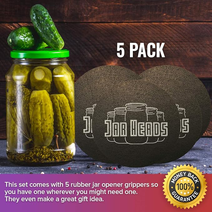 JAR HEADS Rubber Jar Opener Gripper Pad 5 Pack - Thick 5 Inch Grippers for Opening Jars Made in the USA - Jar Opener for Weak Hands & Seniors with Arthritis