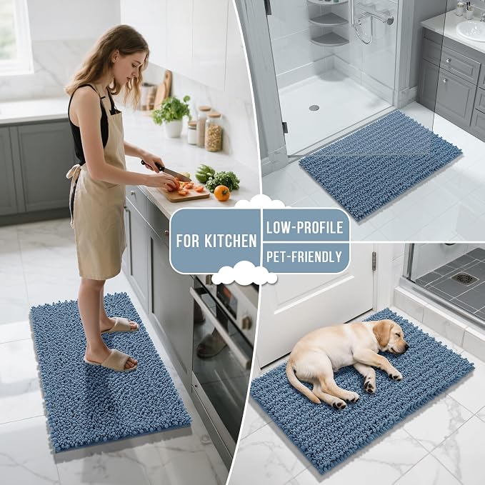 Yimobra Bathroom Runner Rug 70x24 Inch - Extra Long Non Slip Chenille Bath Mat, Soft & Absorbent, Machine Washable Shaggy Hallway Carpet for Vanity Tub Shower, Denim Blue Home Decor Accessories