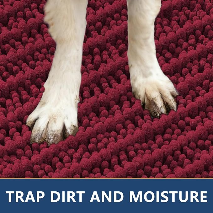 Smiry Dog Door Mat for Muddy Paws 59x24, Absorbent Dirt Trapper, Non-Slip Washable Chenille Entryway Rug for Inside Floor, Burgundy, Layered Pattern