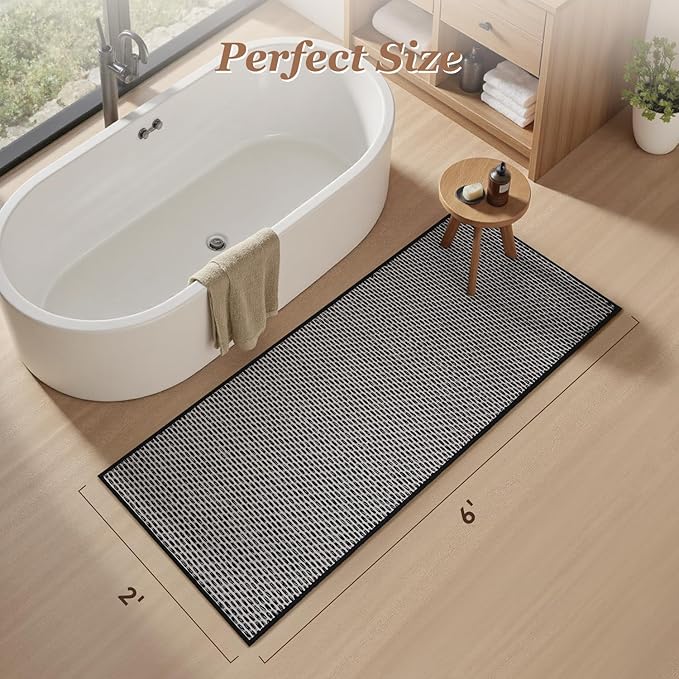 AMOAMI Unique Woven Bathroom Runner Rug, Super Absorbent Non Slip Bath Mats for Bathroom Textured Bathroom Mat Quick Dry Boho Rugs Runners for Hallyways Kitchen Bedroom Beside Tub, 2' x 6', Black