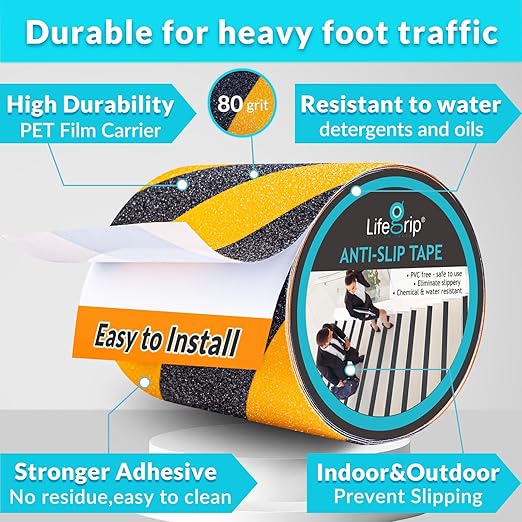 LifeGrip Anti Slip Traction Tape, 6 Inch x 30 Foot, Best Grip, Friction, Abrasive Adhesive for Stairs, Tread Step, Indoor, Outdoor, Caution Yellow/Black