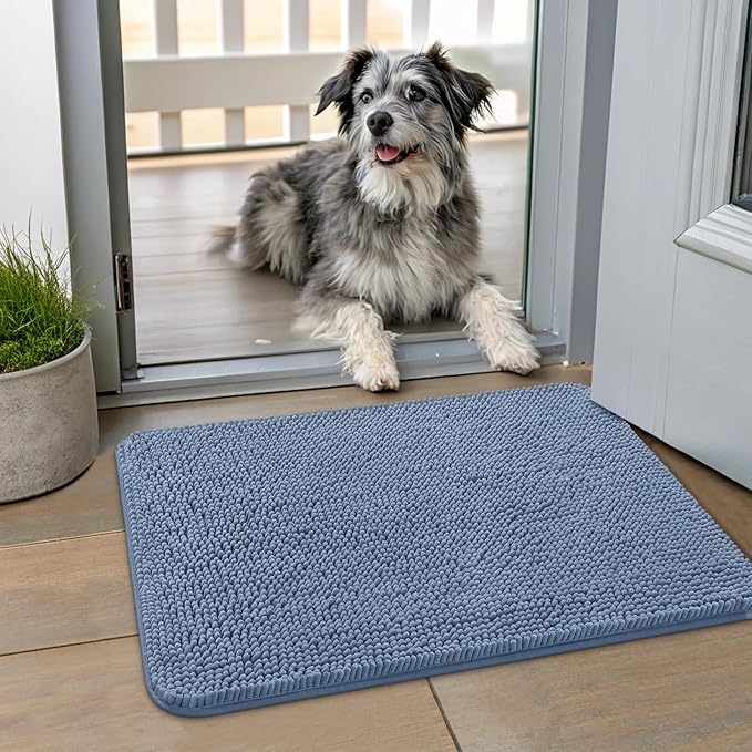 Smiry Dog Door Mat for Muddy Paws 24x16, Absorbent Dirt Trapper, Non-Slip Washable Chenille Entryway Rug for Inside Floor, Airy Blue, Classic Solid