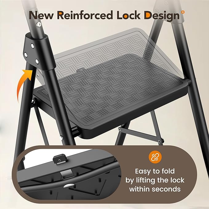 HBTower 3 Step Ladder, Heavy Duty Step Stools for Adults, Safe-Lock Design & Handrail, Step Stool Foldable with Anti-Slip Pedal and Feet, Ladders for Home Kitchen Garage Outdoor, 330 Lbs, Black