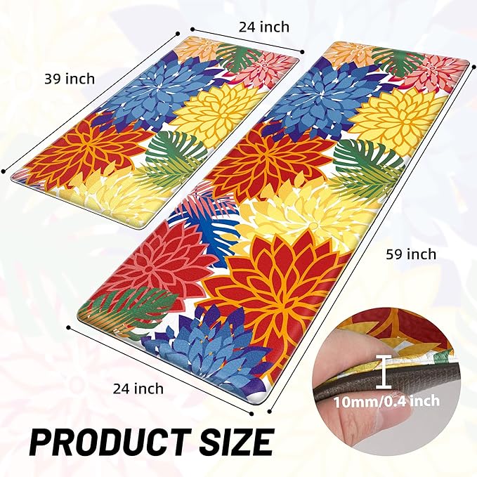 Arenarug Kitchen Mats for Floor 2PCS Cushioned Anti Fatigue Kitchen Mats Waterproof Non Slip Kitchen Mat Rug Set Comfort Foam Standing Mat for Sink, Laundry, Office, 24"x39"+24"x59", Colorful