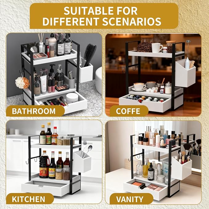 2-Tired Bathroom Counter Organizers and Storage, Bathroom Countertop Organizer with Drawer, Solid Wood Skincare Perfume Organizer for Vanity Kitchen Corner Shelf Office Countertop (White)