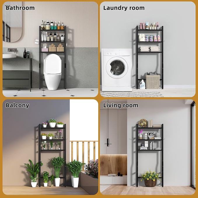 Livilord 3 Tier Over The Toilet Storage Rack with Toilet Paper Holder, Metal Freestanding Bathroom Shelves with 4 Hooks, Over Toilet Storage Shelf for Bathroom Storage, Black