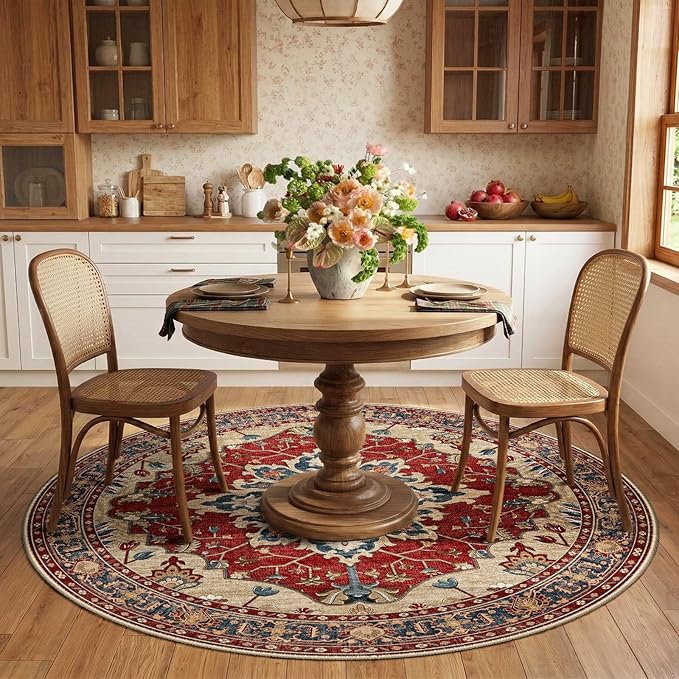 RELEANY Area Rugs Round 6ft Washable Non-Slip, Floral Vintage Distress Medallion Carpet for Living Room Bedroom Dining Room, Red Blue