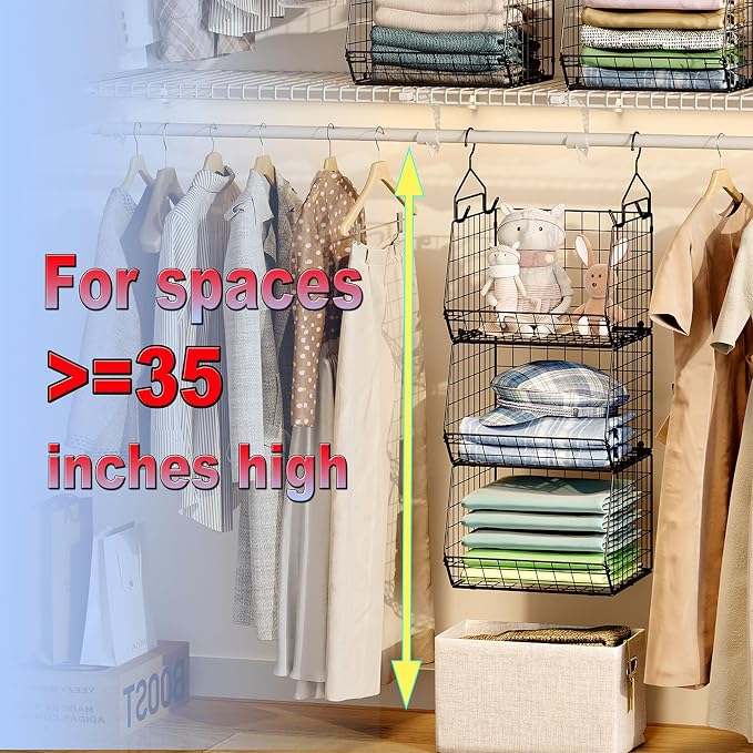 X-cosrack 3-Tier Hanging Closet Organizer, Laundry Room Organization | Space Saving Shelves with 1.65" Hook & 5 S-Hooks | Hanging Wire Baskets (12.4" W x 8.8" H x 10.24-11.8" D)