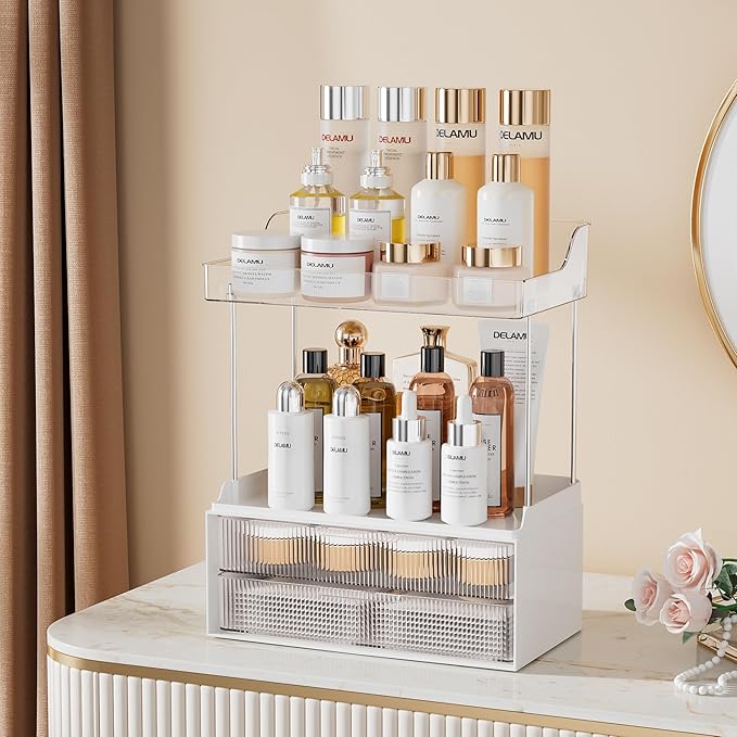 Delamu Bathroom Organizers and Storage, 2 Tier 2 Drawer Makeup Organizer Countertop, Easy to Install, Ideal for Bathroom Counter, Vanity, Clear