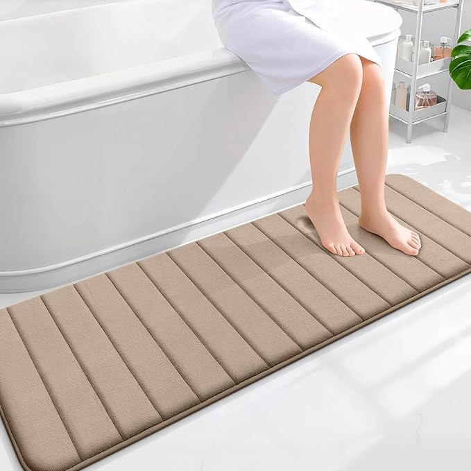 OLANLY Memory Foam Long Bathroom Rugs Runner 59x20, Super Soft Absorbent Bath Mat, Quick Dry, Machine Washable Shower Floor Rugs, Bathmat Carpet, Bathroom Home Decor Accessories, Tan