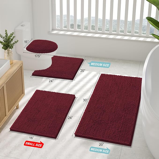 Smiry Luxury Chenille Bathroom Rugs 45x27, Extra Soft and Absorbent Shaggy Bath Mat, Machine Washable, Non-Slip Plush Carpet Runner for Tub, Shower, and Floor, Home Decor Accessories, Burgundy