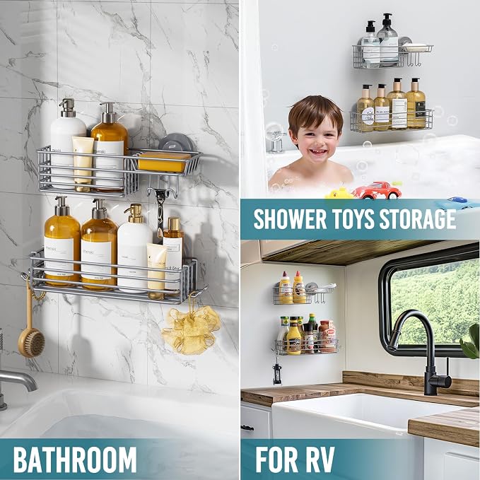 TAILI Shower Caddy Suction Cup 2 Pack with Hooks & Soap Holder, Heavy Duty Shower Organizer for Bathroom, No Drilling Bathroom Organizer with Large Capacity, Metal Storage Holder-Grey