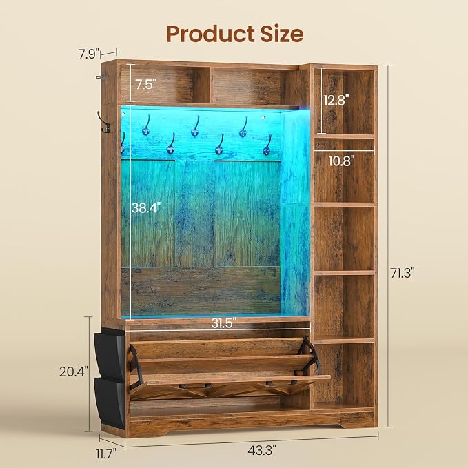 Itaar Hall Tree with Bench and Shoe Storage, Farmhouse Entryway Bench with Coat Rack, Shoe Cabinet with Flip Drawers, 7 Shelves, 10 Coat Hooks, Storage Bag, Led Lights, Rustic Brown