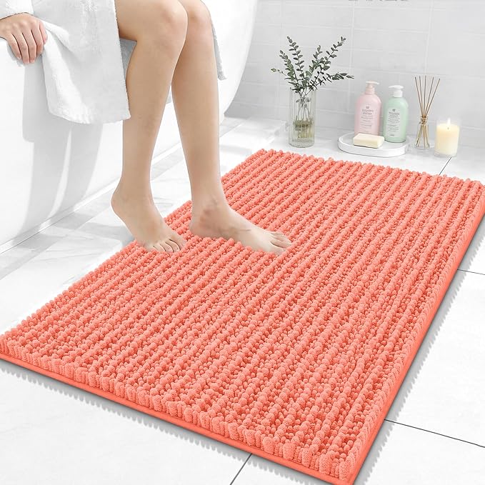 OLANLY Bathroom Rug Mat 36x24, Thick Soft and Absorbent Chenille Bath Mat, Non-Slip Rubber Backing, Machine Washable Quick Dry Bath Rugs for Tub Shower Floor, Home Decor Accessories, Coral