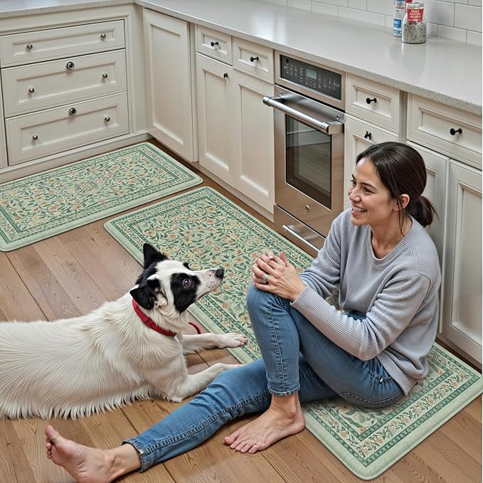 KIMODE Anti Fatigue Mats for Kitchen Floor, 17.3"x29"+17.3"x47" Farmhouse Kitchen Rugs Sets of 2, Cushioned Kitchen Mats for Floor Non Slip, Padded Standing Desk Mat for Sink Laundry Desk Green
