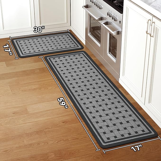 Kitchen Mats for Floor, 17''x30''+17''x59''Kitchen Rugs Set of 2, Washable Absorbent Non Slip Kitchen Mat, Braided Kitchen Runner Rug, Kitchen Sink Rug, Grey