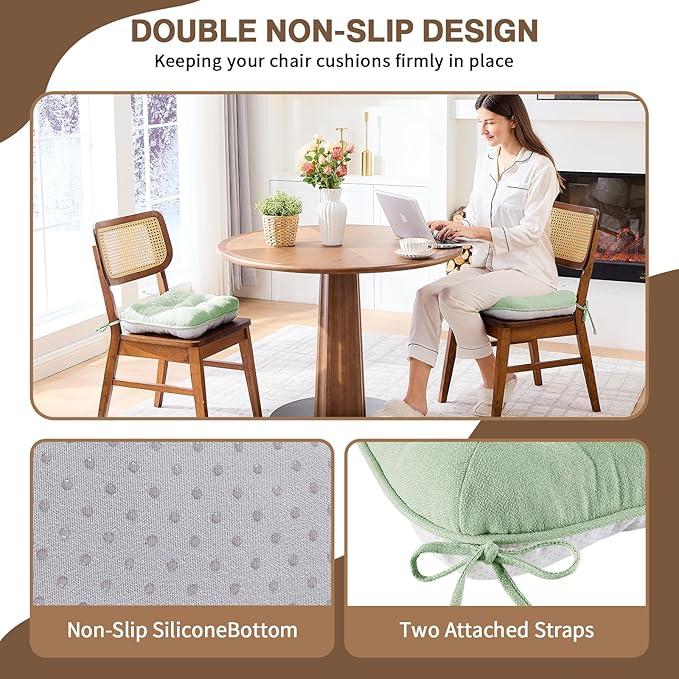 BETU Chair Cushions for Dining Chairs Set of 6,3.5" Thick Kitchen Table Chair Pads with Ties,Non Slip Backing and Covers, Home Decor Seat Cushion for Dining Room,Bar,Patio Chairs15.5"X15.5"X3.5"Green