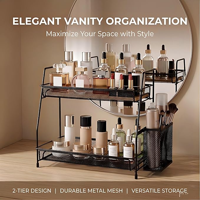 LEMIKKLE 2-Tier Bathroom Countertop Organizer,Skincare, Makeup Countertop Organizers, Kitchen, Bathroom Counter Storage with Small Basket (Black)