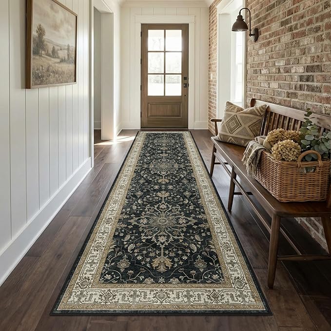 RELEANY Area Rugs Runner 2'x8' Washable Non-Slip, Floral Vintage Distress Medallion Carpet for Kitchen Hallway Bedroom Beside Laundry Room Bathroom, Vintage Black Brown Neutral