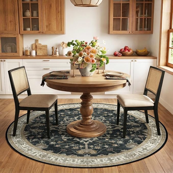 RELEANY Area Rugs Round 6ft Washable Non-Slip, Floral Vintage Distress Medallion Carpet for Living Room Bedroom Dining Room, Vintage Black Brown Neutral