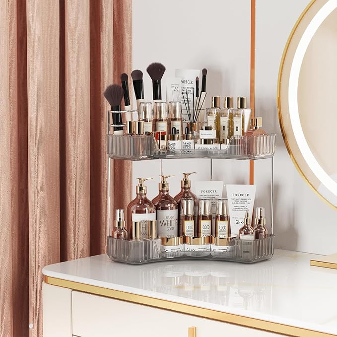 Asayuee 2-Tier Corner Bathroom Counter Organizer with Top Toothbrush Holders,Large Makeup Organizer Countertop with Brush Holder,Skincare Organizers Corner,Exquisite Vanity Organizer (Gray, 2 Tier)
