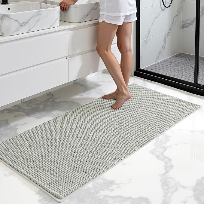 SUBRTEX Bathroom Rugs, 24" x 60" Chenille Bath Rug Soft Short Plush Bath Mat Soft Shower Mat Water Absorbent Shower Mat Quick Dry Machine Washable, Light Gray