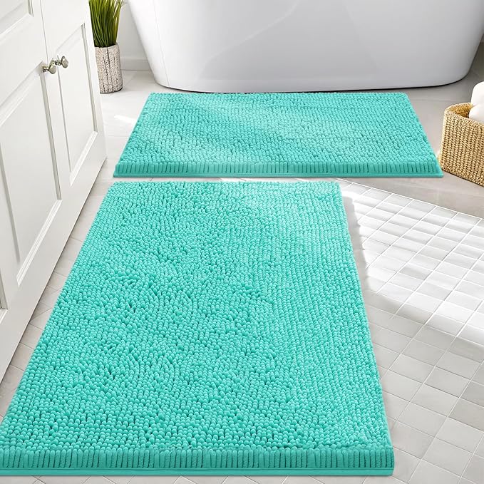 Smiry Bathroom Rugs Sets 2 Piece, Soft Absorbent Chenille Machine Washable Non Slip Shaggy Bath Rug Set for Tub, Shower, and Floor (30x20+24x16, Turquoise)