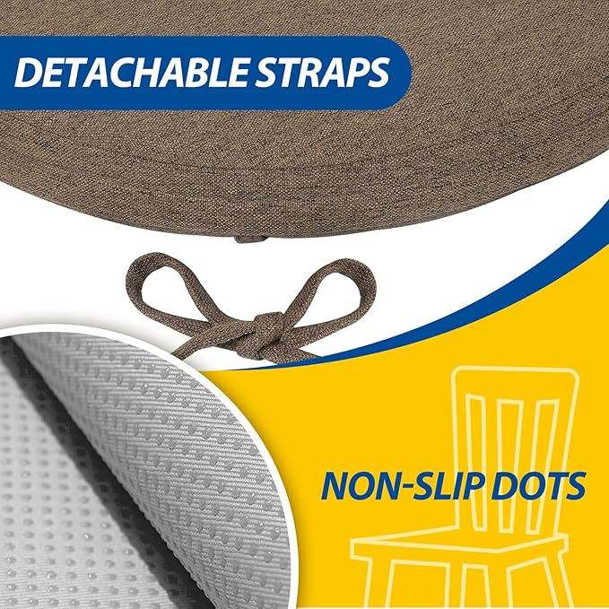 AAAAAcessories D-Shaped Chair Cushions, 2" Thick Dining Chair Pads with Ties and Removable, Machine-Washable Cover, 17" x 16", Taupe
