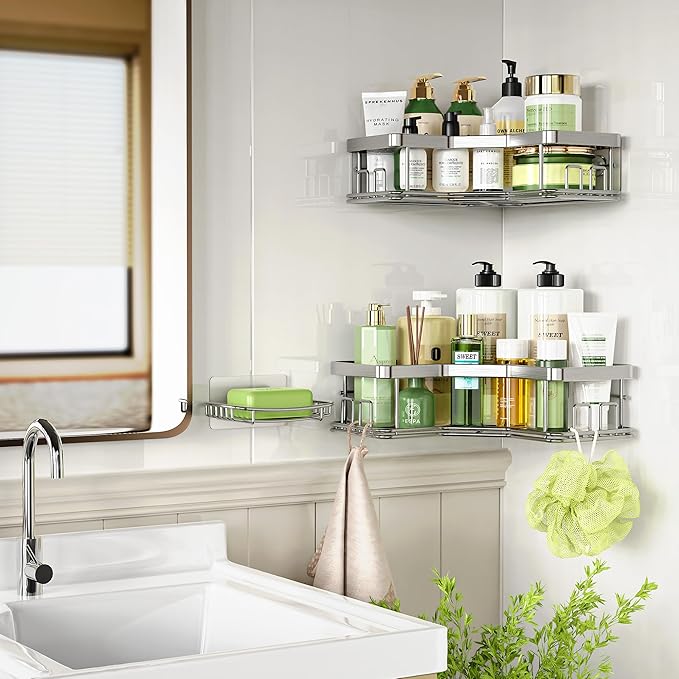MAXIFFE 3 Pack X-Large Corner Shower Caddy with Soap Holder, Large Capacity Sturdy Easy Install No Drilling Stainless Steel Hold 40 LB Shower Organizer Shelves Rack for Family Renters Bathroom, Silver