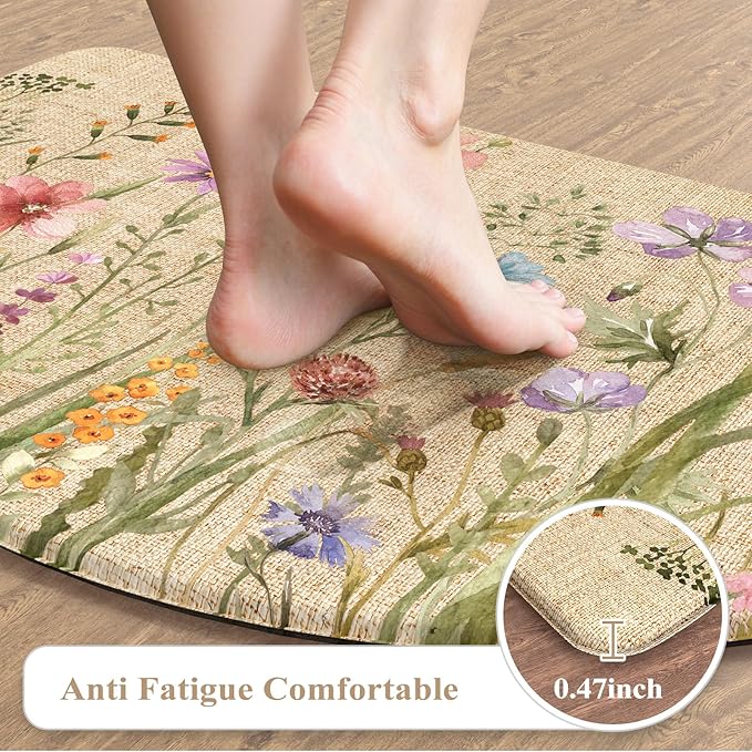 KIMODE Kitchen Mat Cushioned Anti Fatigue, Half Moon Floral Kitchen Rug, Comfort Padded Kitchen Floor Mat Non Slip, Ergonomic Standing Desk Mat for Sink Laundry Office Brown 18"x28"