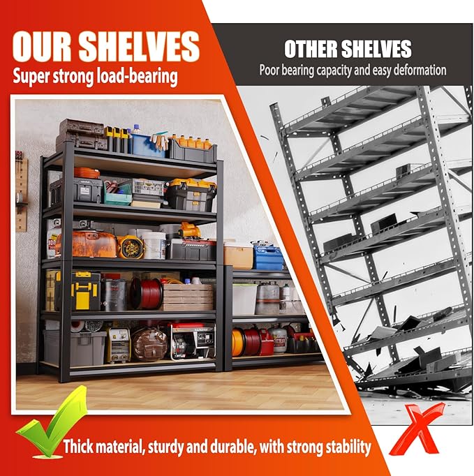 Set of 4 46" W Garage Shelving-2050 lbs 5 Tier Storage Shelves,Adjustable Heavy Duty Metal Shelving Unit and Storage Large Rack,Utility Steel Shelf for Warehouse Industrial Pantry 71"x46"x18"