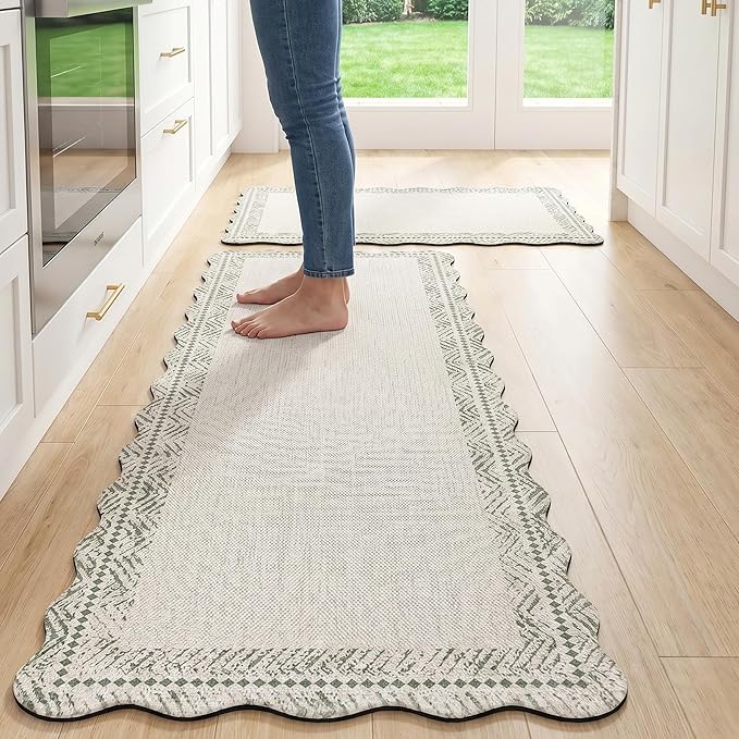 Scalloped Sage Green Vintage Boho Elegance Frame Kitchen Rug Sets [2 PCs], Anti-Fatigue, Waterproof Non-Slip Kitchen Mats Heavy Duty Comfort Foam Rug for Kitchen, Floor, Laundry,17.3"x29"+17.3"x47"