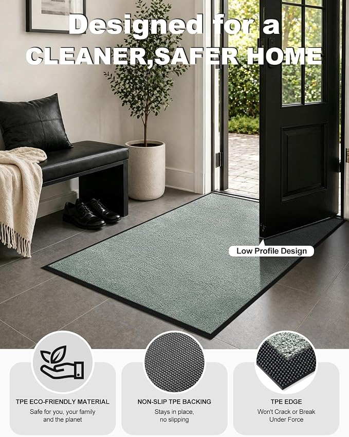 Mibao Front Door Mat Indoor Entrance, 29.5" x 17", Dirt Trapper Welcome Mat for Outdoor Indoor, Non-Slip Waterproof Doormat, Durable Machine Washable Low Profile Entry Rug for Back Door Outside,Green